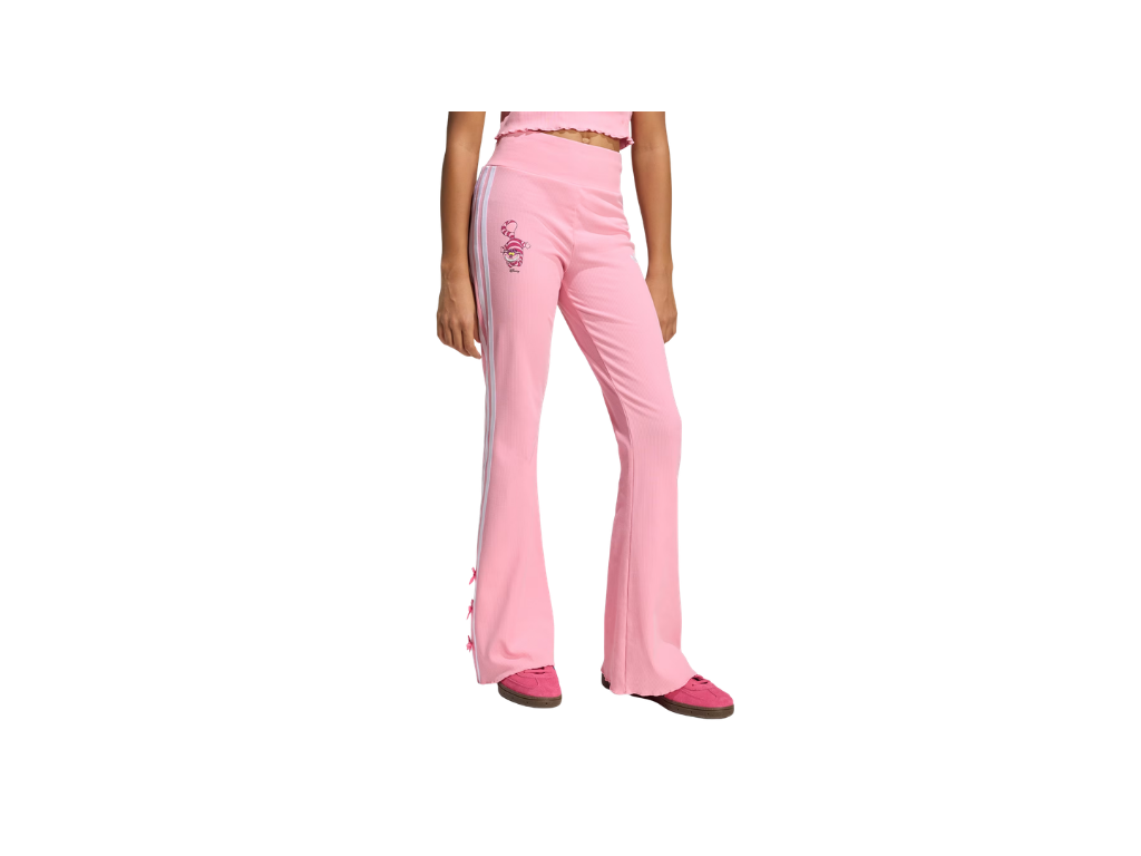 Pink pants worn by a person on a white background