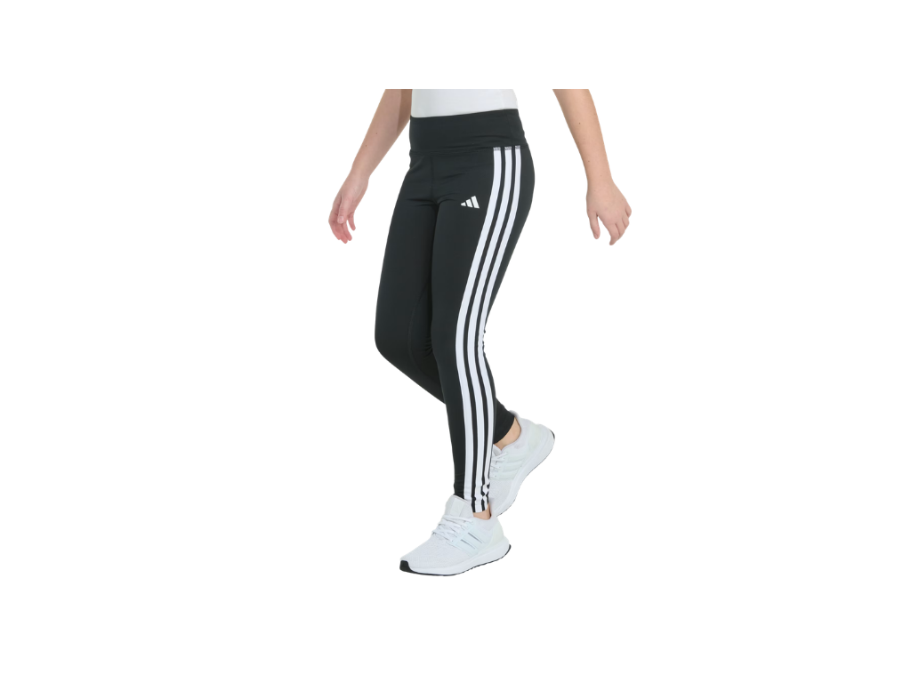 Black leggings with white stripes worn by a person on a white background