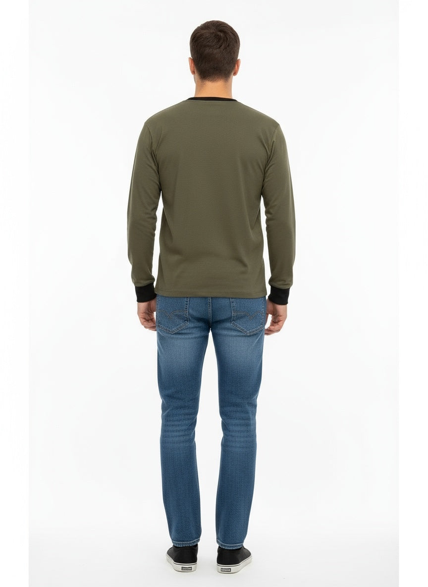 Men Plain Olive Long Sleeve T-Shirt Back View