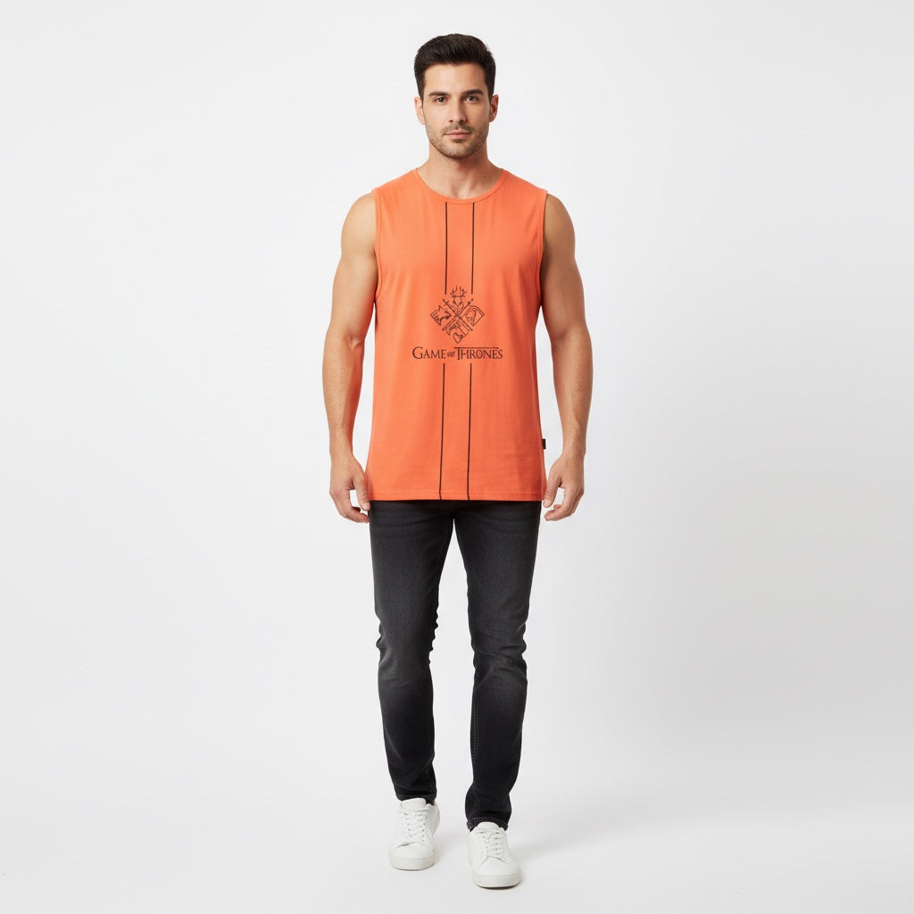 Men Game of Thrones Orange Tank Top Front View