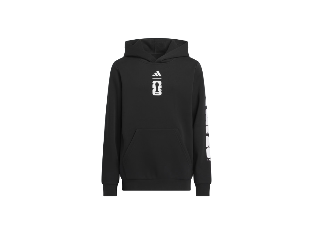 Black hoodie with Adidas logo on a white background