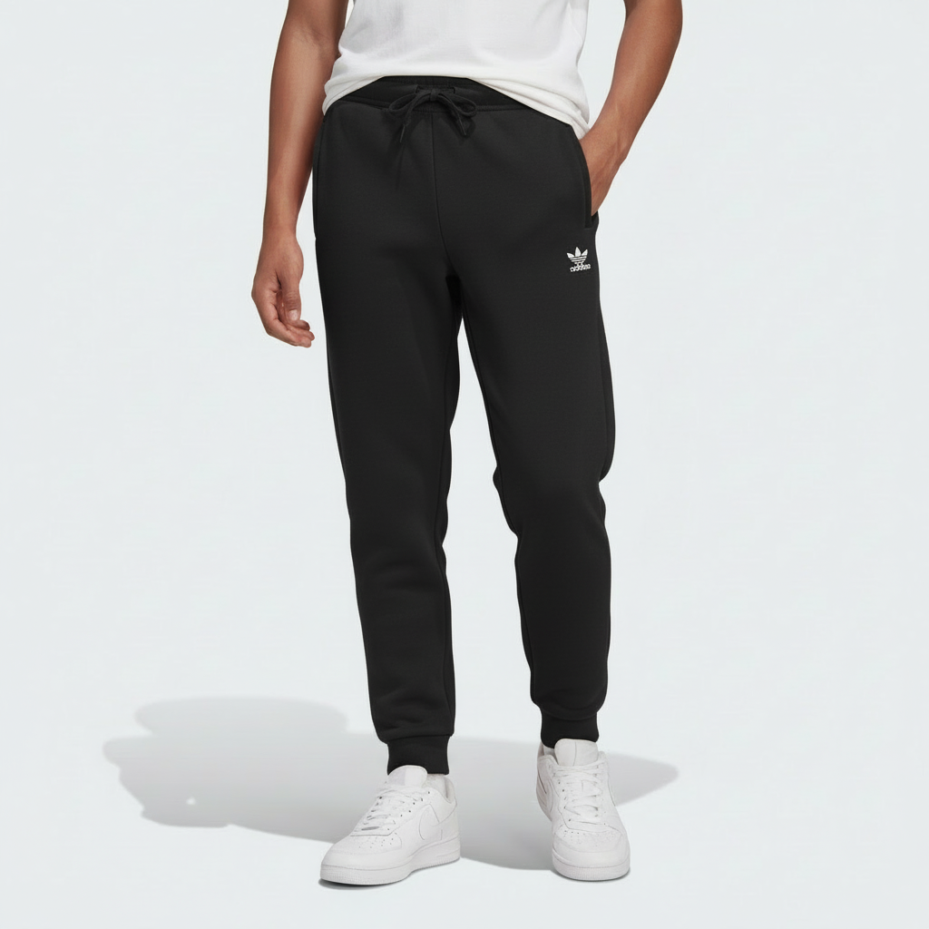 Kid wearing black Adidas sweatpants and white sneakers on a light gray background