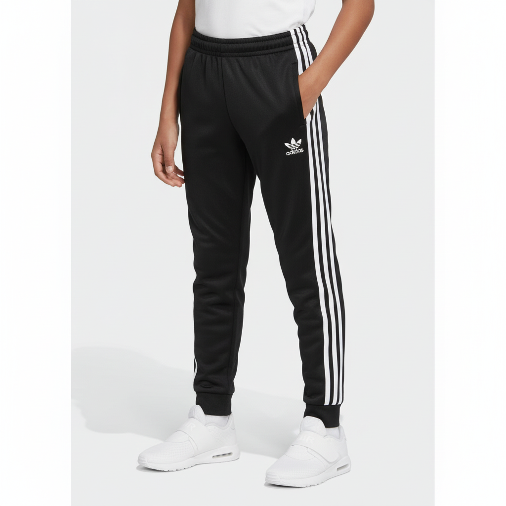 Black Adidas tracksuit with white stripes on a white background