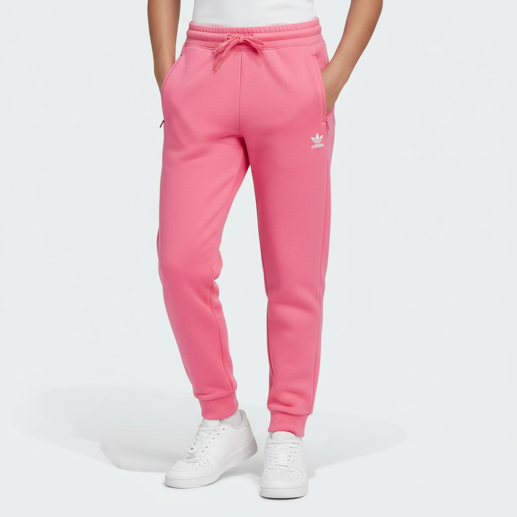 Pink Adidas sweatpants worn by a kid on a white background