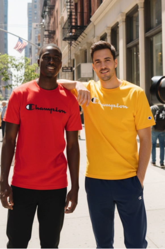 Two men wearing Champion t-shirts on a city street.