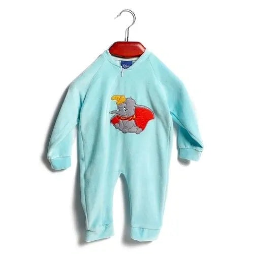 Light blue baby onesie with cartoon character on a hanger against a white background