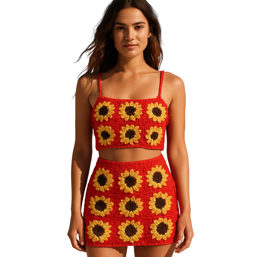 Woman wearing a red crochet dress with sunflower patterns on a beach
