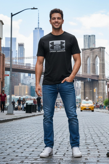 Man wearing a black Under Armour t-shirt and blue jeans standing on a city street with a bridge and skyline in the background.