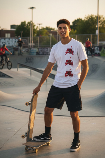 Guy wearing Nike Air T-shirt in skateboard park with other skaters in the background
