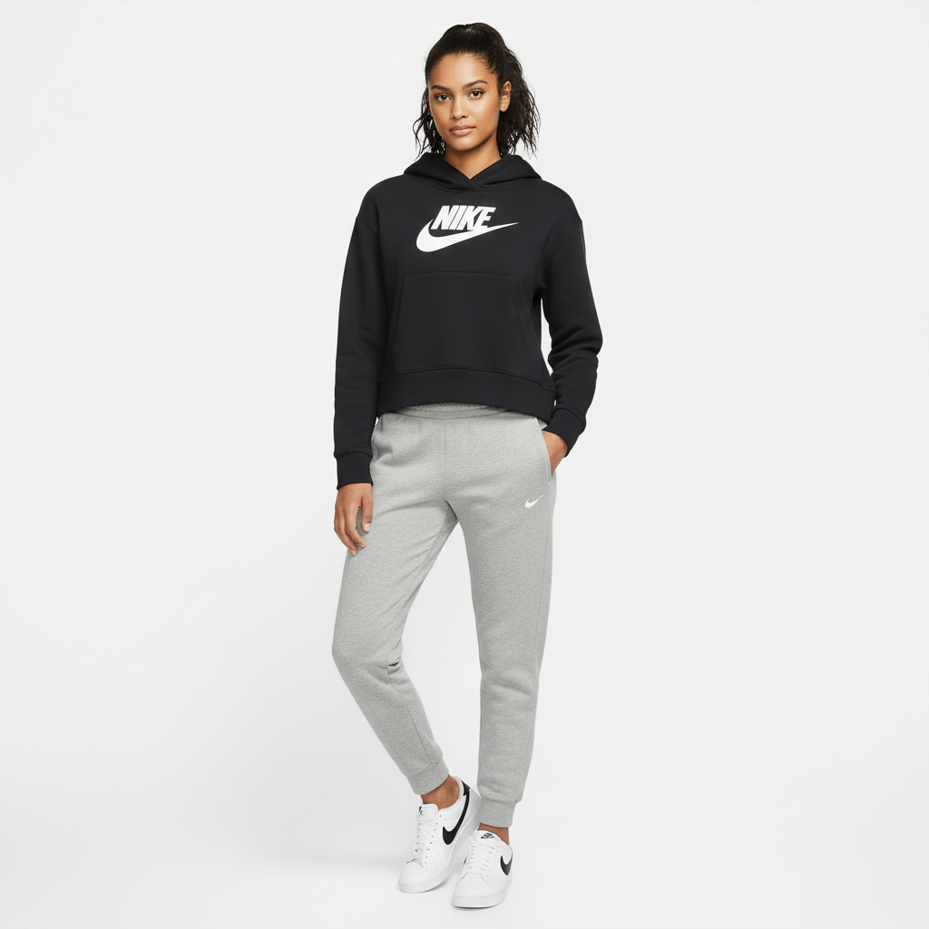 Women wearing a black Nike hoodie and gray pants on a white background