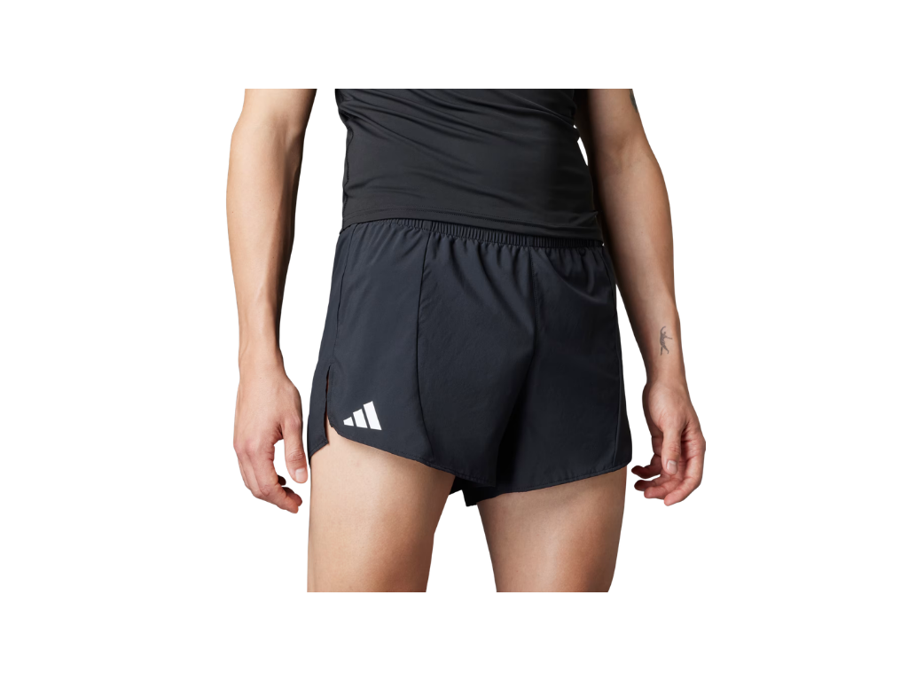 Black athletic shorts with a white logo on a white background