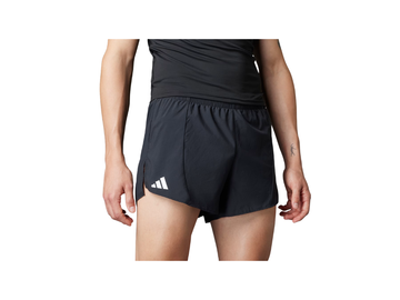 Black athletic shorts with a white logo on a white background