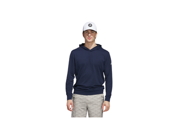 Man wearing a navy hoodie and light gray shorts on a white background