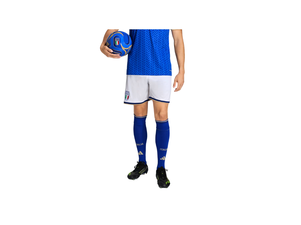 Person wearing a blue and white soccer uniform holding a blue soccer ball on a white background