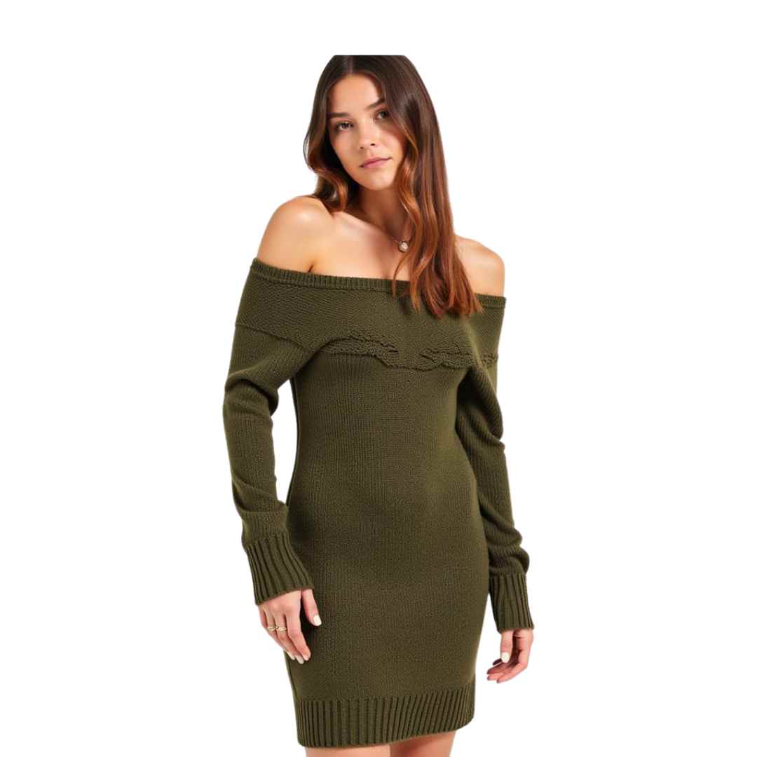 Off-Shoulder Knit Sweater Dress – Cozy & Chic Winter Outfit