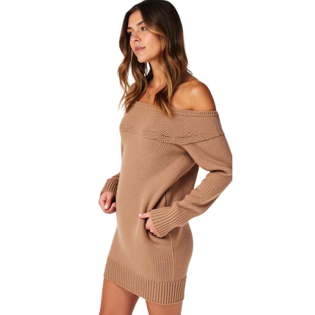 Off-Shoulder Knit Sweater Dress – Cozy & Chic Winter Outfit