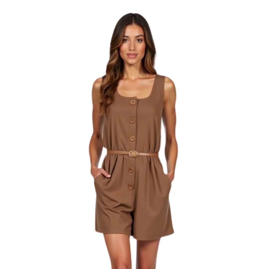 Button-Down Belted Sleeveless Romper