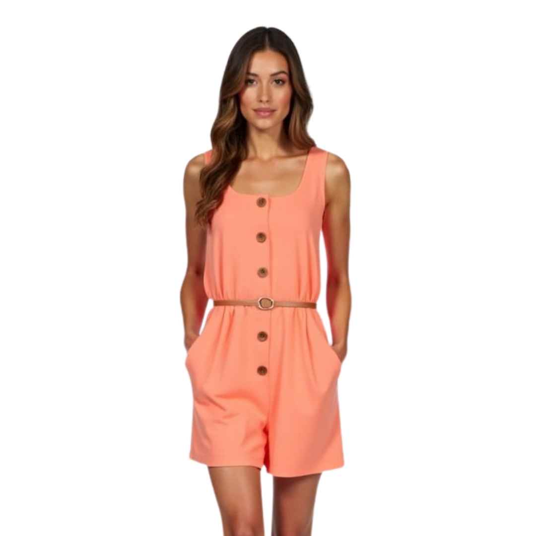 Button-Down Belted Sleeveless Romper
