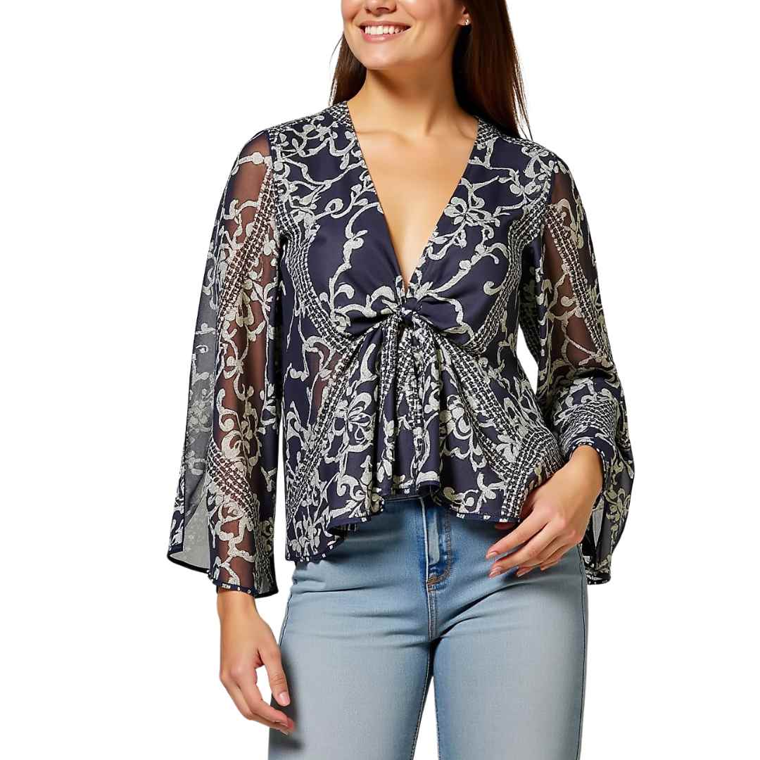 Women’s Printed Front-Knot Bell Sleeve Top