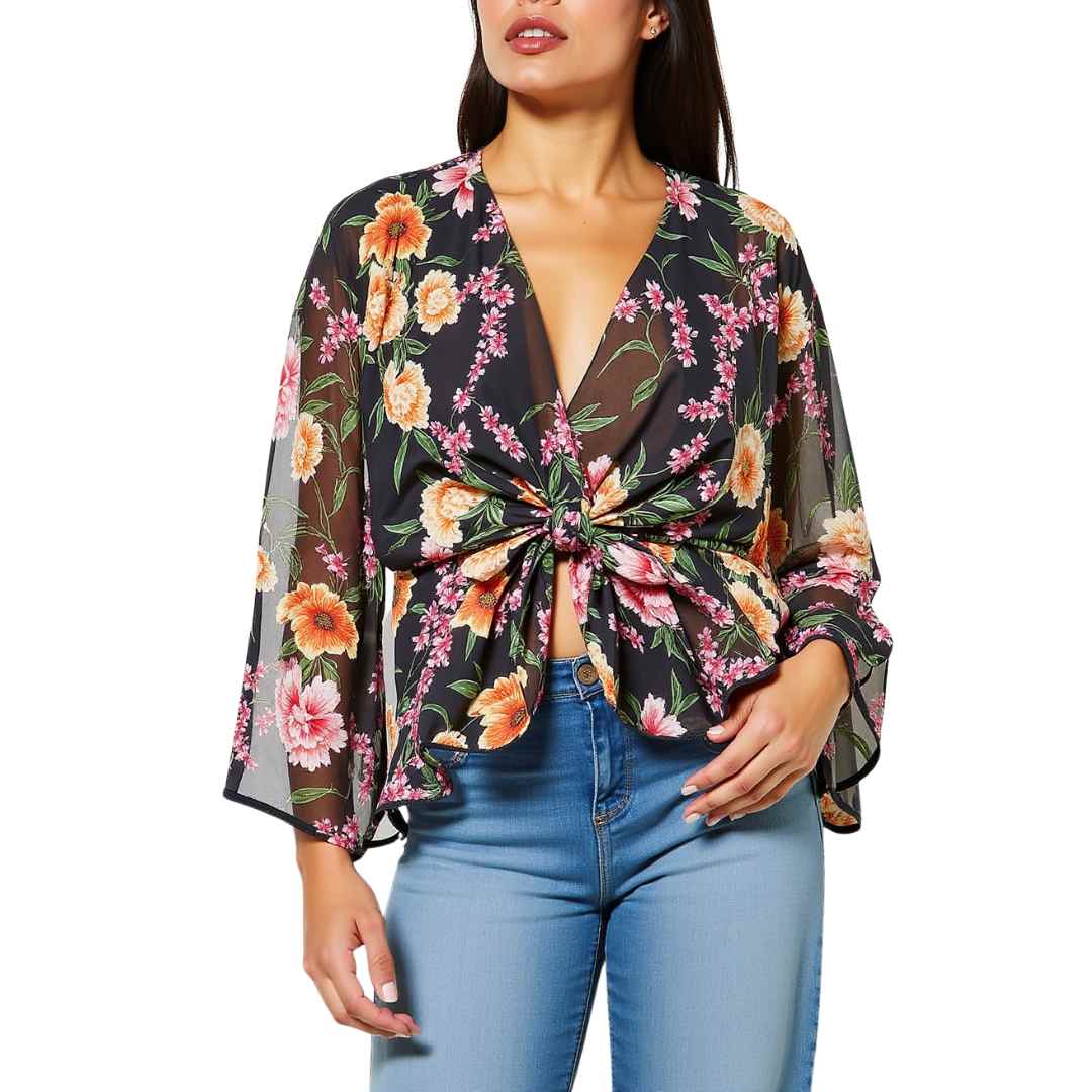 Women’s Printed Front-Knot Bell Sleeve Top