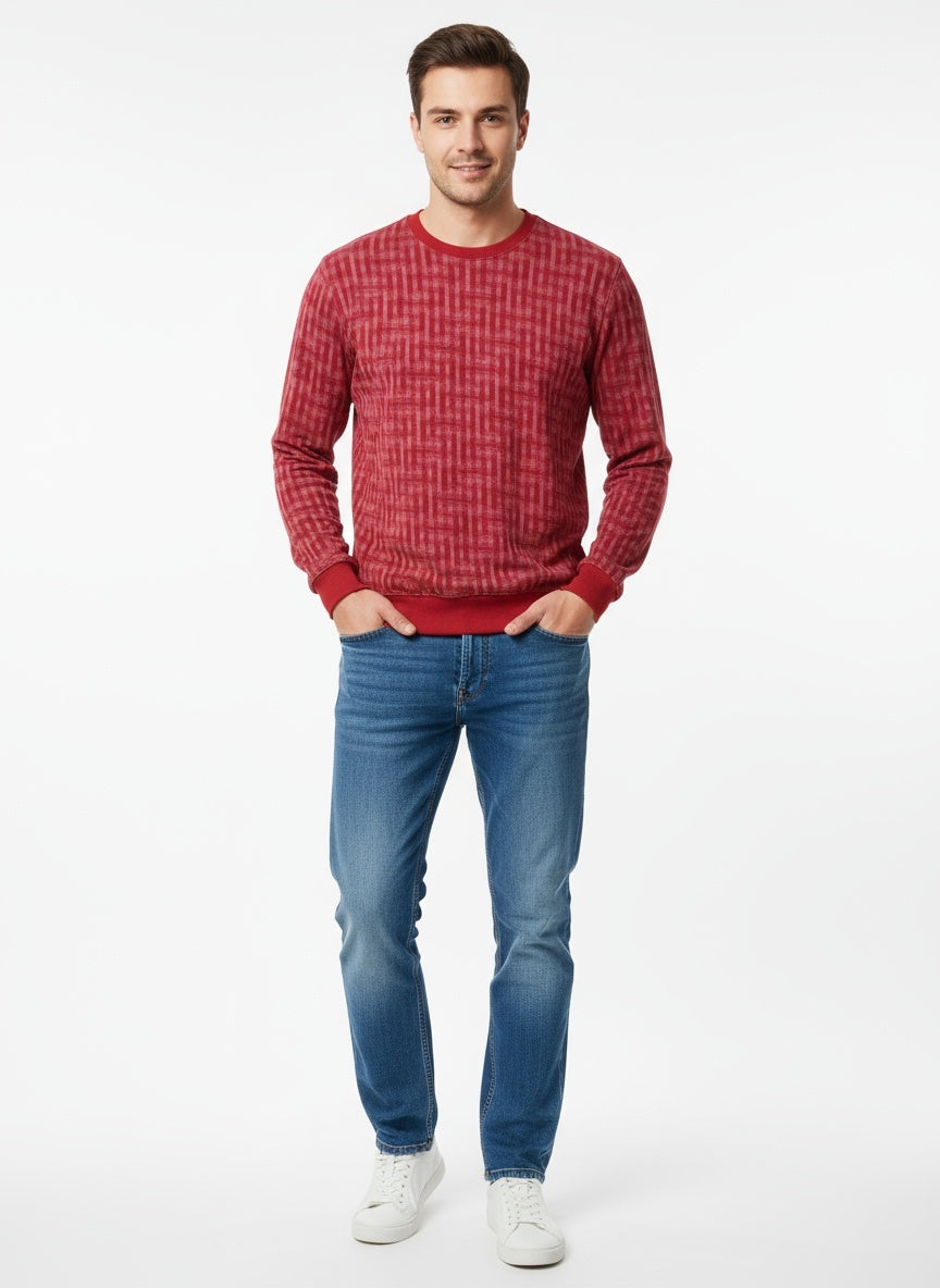 Men What's New Red Patterned Crewneck Sweater Front View