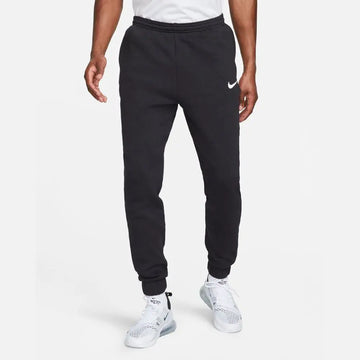 Men black Nike fleece jogger sweatpants with elastic cuffs and Nike logo on white background