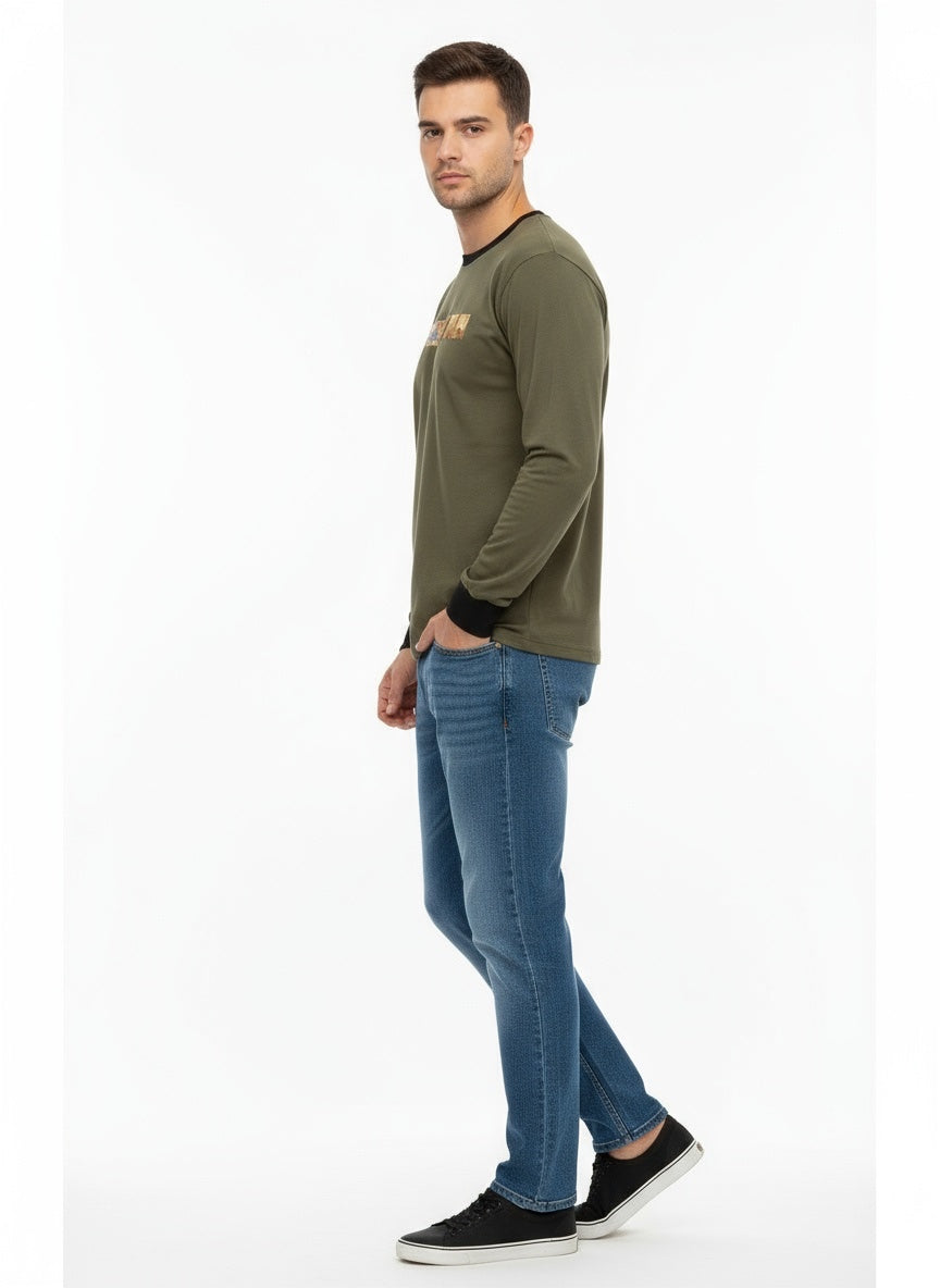 Men Plain Olive Long Sleeve T-Shirt Side View