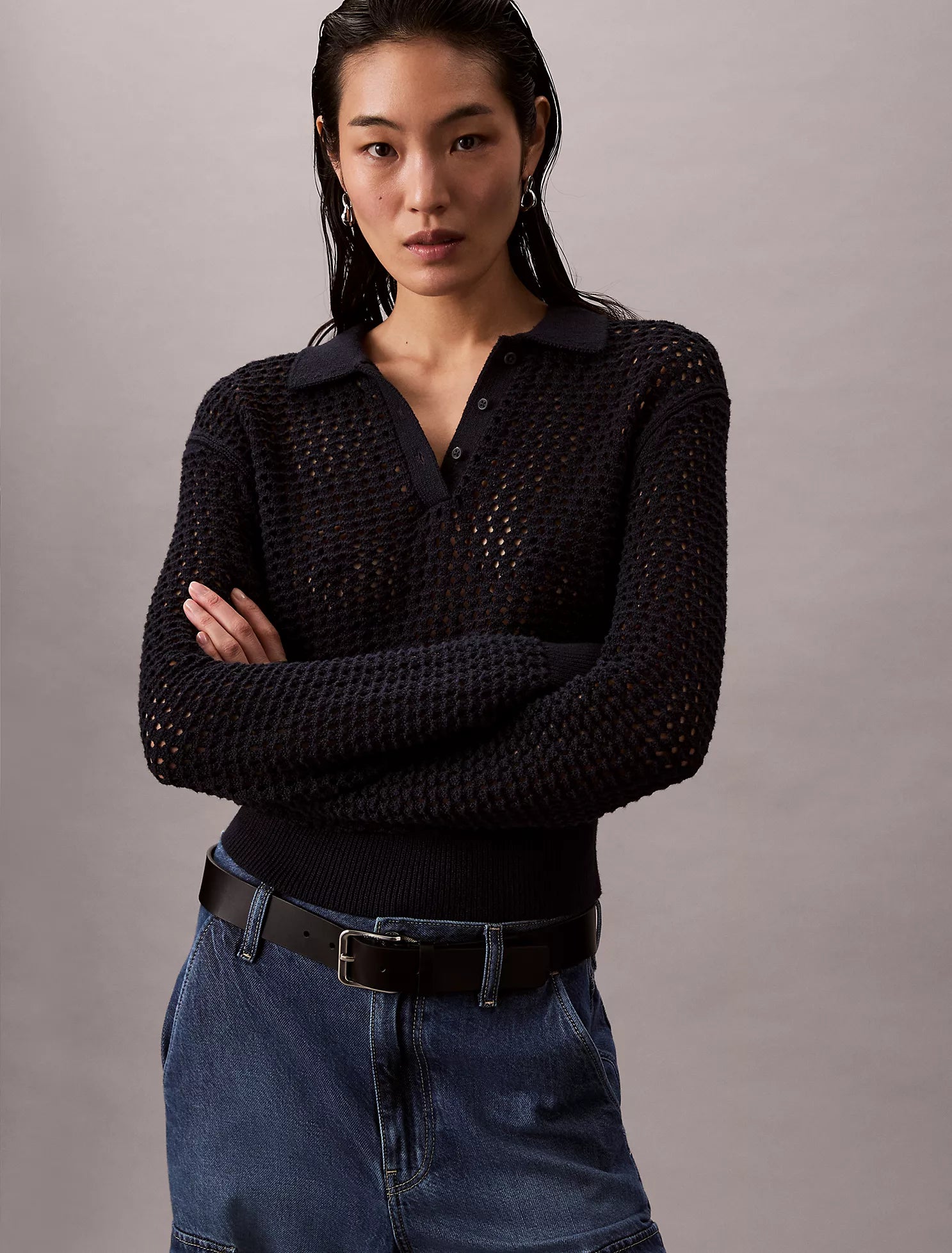 knit polo sweater open v long sleeve