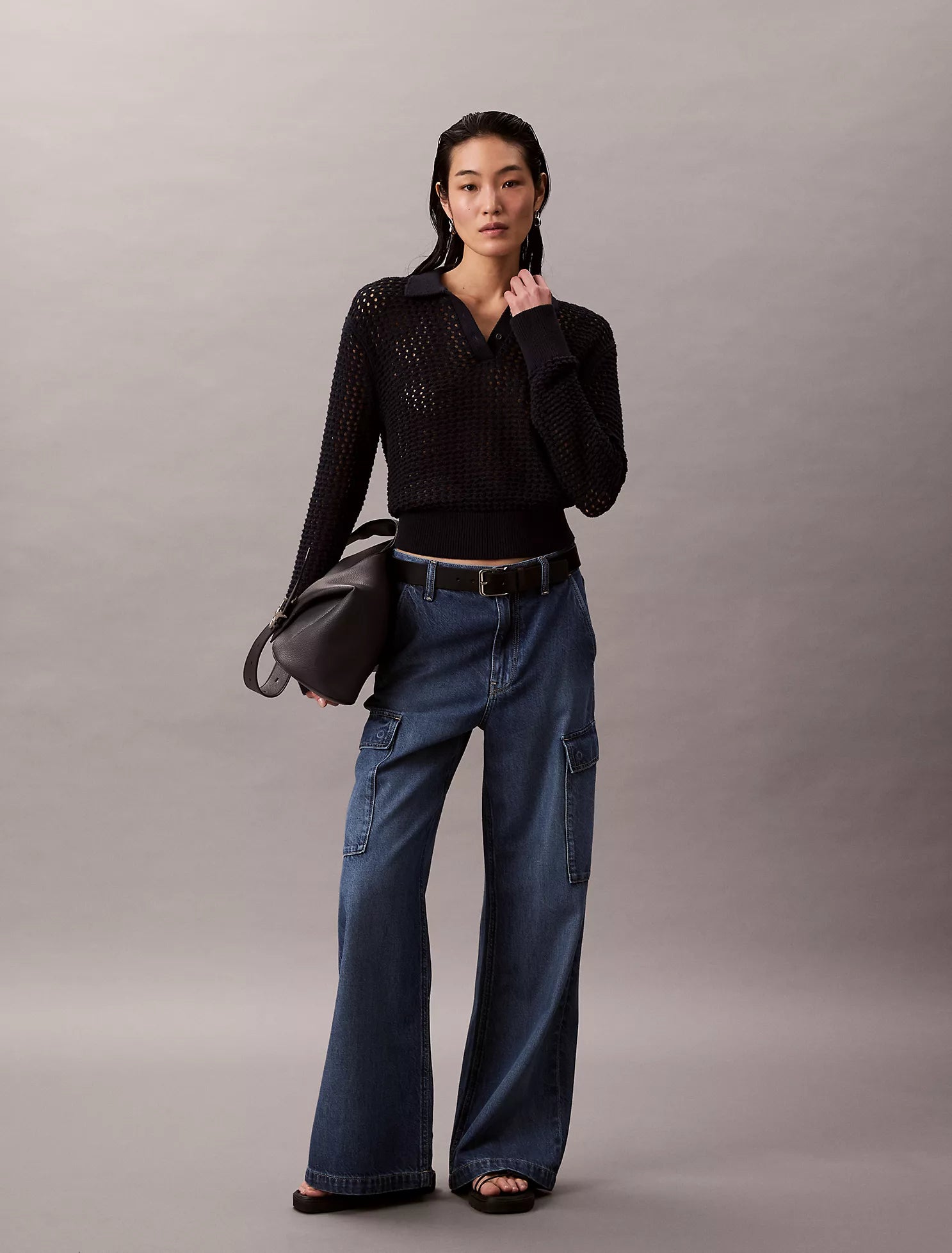 woman knit polo sweater open v